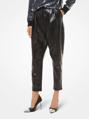 Pantaloni Dama Michael Kors Pleated Leather Pants Negrii | 03UMSRWFY