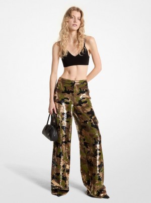 Pantaloni Dama Michael Kors Sequined Camouflage Wide-Leg Cargo Pants Maro Inchis | 82INPGEAD
