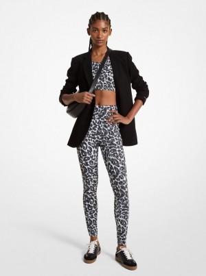 Pantaloni Dama Michael Kors Stretch Recycled Nylon Leopard Logo Leggings Gri | 13ZSQAHLJ