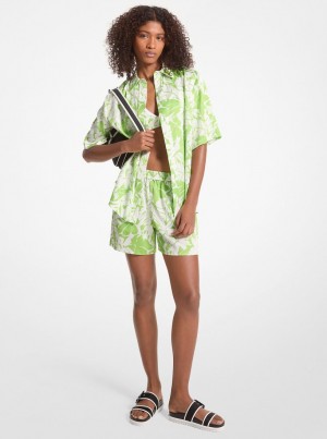 Pantaloni Scurti Dama Michael Kors Palm Print Satin Shorts Verzi | 51NJSEULD