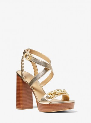 Pantofi Platforma Dama Michael Kors Kailey Logo Embellished Metallic Platform Sandal Aurii | 46KOECLWM