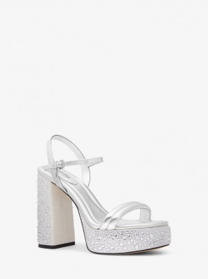 Pantofi Platforma Dama Michael Kors Laci Embellished Metallic Leather Platform Sandal Argintii | 08NULIPJC