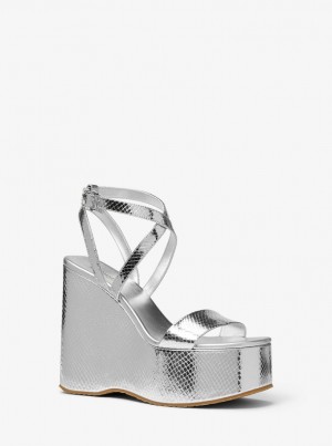 Pantofi Platforma Dama Michael Kors Paola Metallic Snake Embossed Leather Wedge Sandal Argintii | 25UMSWIPE