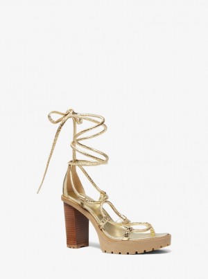 Pantofi Platforma Dama Michael Kors Vero Metallic Snake Embossed Leather Platform Sandal Aurii | 85BANZJRH