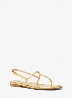 Pantofi Plati Dama Michael Kors Ali Metallic Python Embossed Leather Sandal Aurii | 69YFDQHGV