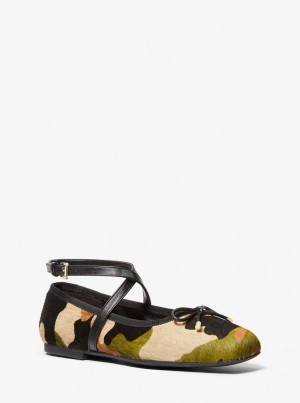 Pantofi Plati Dama Michael Kors Collette Camouflage Print Calf Hair Ballet Flat Masline Verzi Colorati | 64APTBDIG
