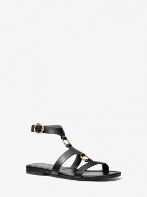 Pantofi Plati Dama Michael Kors Dusty Ring Leather Sandal Negrii | 24DKRLATJ