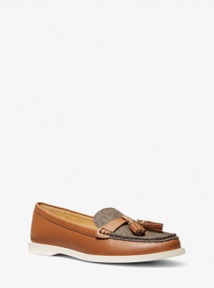 Pantofi Plati Dama Michael Kors Kiernan Leather and Signature Logo Loafer Luggage | 60WHQVGOX