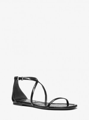 Pantofi Plati Dama Michael Kors Polly Crocodile Embossed Leather Sandal Ciocolata | 08ZAFROCG