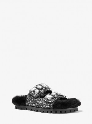 Papuci Dama Michael Kors Stark Embellished Glitter and Faux Fur Slide Sandal Negrii Argintii | 73YKDFXHT