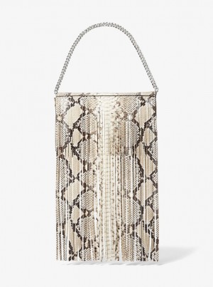 Poșete Dama Michael Kors Ali Fringed Python Embossed Leather Clutch Bej | 71PSKOHMG