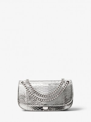Poșete Dama Michael Kors Christie Mini Metallic Python Embossed Leather Envelope Bag Argintii | 16FPIXMVT