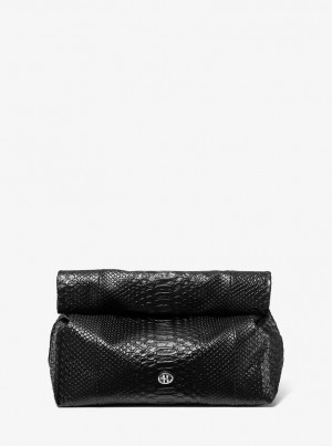 Poșete Dama Michael Kors Monogramme Medium Python Embossed Leather Lunch Box Clutch Negrii | 69NICKHAY