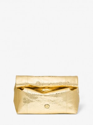 Poșete Dama Michael Kors Monogramme Medium Metallic Python Embossed Leather Lunch Box Clutch Aurii | 48VUEGMJD