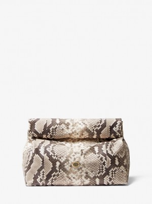Poșete Dama Michael Kors Monogramme Python Embossed Lunch Bag Clutch Bej | 29PCRBAUY