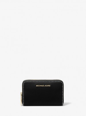 Portofel Dama Michael Kors Jet Set Small Topstitched Leather Wallet Negrii | 24QFJTUDV
