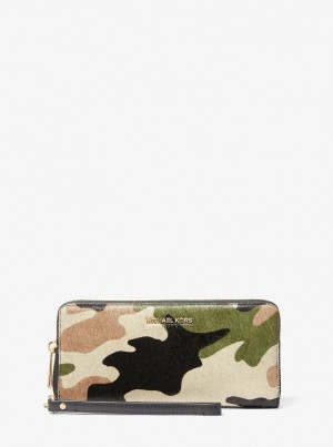 Portofel Dama Michael Kors Jet Set Travel Large Camouflage Print Calf Hair Continental Wallet Masline Verzi Colorati | 92JXTMBKF