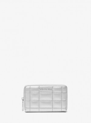 Portofel Dama Michael Kors Small Metallic Quilted Leather Wallet Argintii | 63QGKRSDF