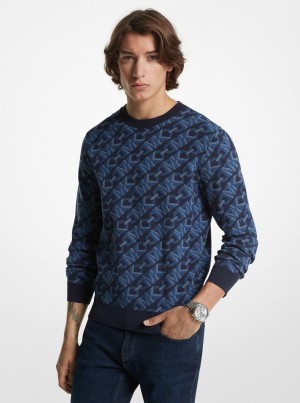 Pulovere Barbati Michael Kors Empire Signature Logo Jacquard Merino Wool Sweater Midnight | 09RCPYUEQ