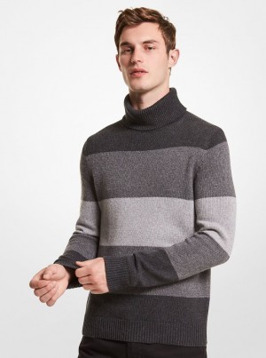 Pulovere Barbati Michael Kors Striped Nylon Blend Turtleneck Sweater Gri | 54NOWQKIY