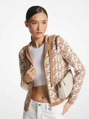 Pulovere Dama Michael Kors Empire Signature Logo Jacquard Zip-Up Hoodie Bej | 96NDSRJUZ