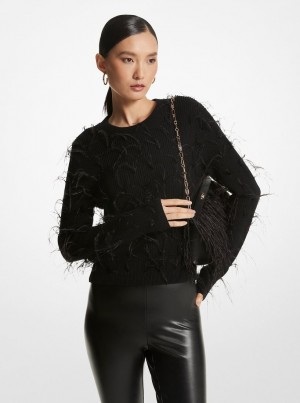 Pulovere Dama Michael Kors Feather Embellished Merino Wool Blend Cropped Sweater Negrii | 52ELSQGTJ