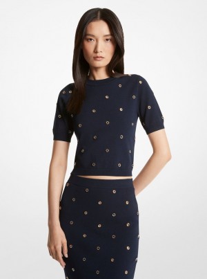 Pulovere Dama Michael Kors Grommet-Embellished Stretch Viscose Sweater Albastri Aurii | 97QJNUCKB