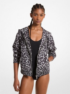 Pulovere Dama Michael Kors Leopard Logo Print Woven Zip-Up Hoodie Gri | 78VGWJSHU