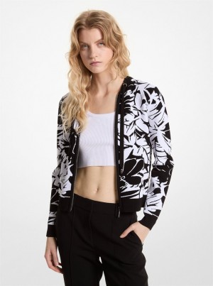 Pulovere Dama Michael Kors Palm Jacquard Zip-Up Hoodie Negrii Albi | 02UWDSGCR