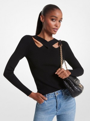 Pulovere Dama Michael Kors Ribbed Stretch Knit Cutout Sweater Negrii | 05XLQMPBT