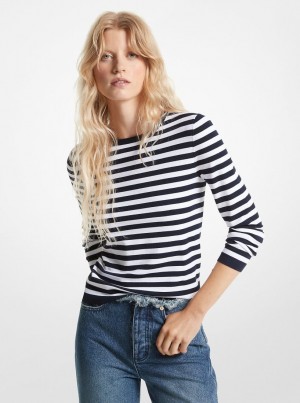 Pulovere Dama Michael Kors Striped Stretch Knit Sweater Mdntbl/Wht | 16PFJZXMU