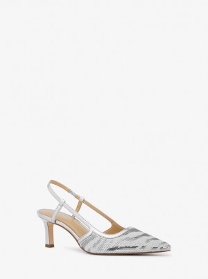 Pumps Dama Michael Kors Alora Sequined Zebra Slingback Pump Albi Argintii | 98TMQIZND