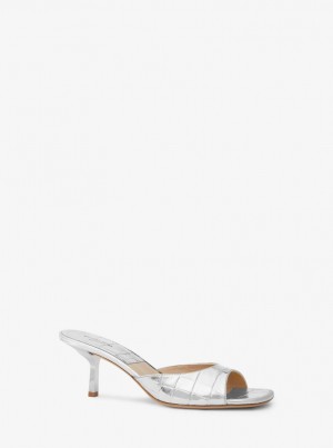 Pumps Dama Michael Kors Anita Metallic Crocodile Embossed Leather Sandal Argintii | 51ZTHYBOC