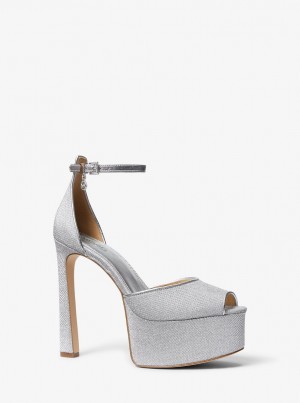 Pumps Dama Michael Kors Martina Glitter Mesh Peep-Toe Platform Pump Argintii | 85EYINVJT