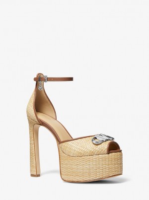 Pumps Dama Michael Kors Martina Straw Peep-Toe Platform Pump Bej | 47JWZYHPS