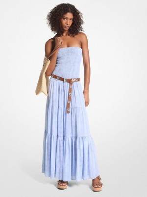 Rochie Dama Michael Kors Chambray Print Smocked Georgette Maxi Dress Chambray | 28QEJSBZC