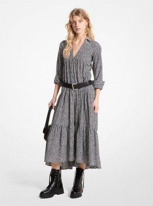 Rochie Dama Michael Kors Leopard Print Cotton and Silk Tiered Midi Dress Gri | 70VPHNEGX