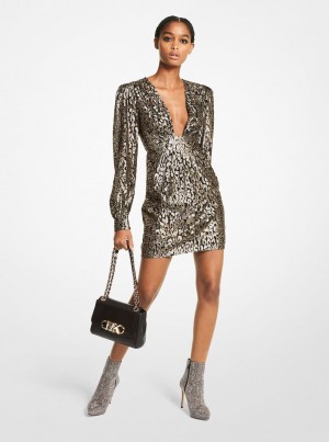 Rochie Dama Michael Kors Metallic Leopard Clip Jacquard Dress Negrii Aurii | 86CTGXONF