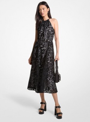 Rochie Dama Michael Kors Palm Lace Belted Halter Dress Negrii | 26BXOVIGZ