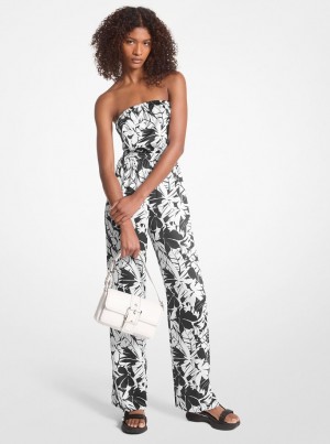 Rochie Dama Michael Kors Palm Print Satin Tie-Back Jumpsuit Negrii Albi | 65POTNFZU