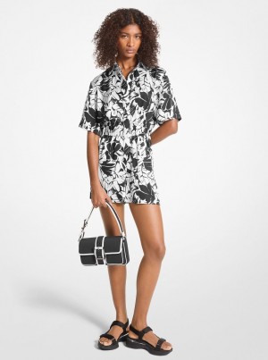 Rochie Dama Michael Kors Palm Print Satin Romper Negrii Albi | 25EVORFGK