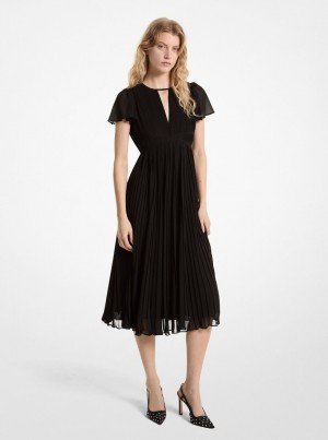 Rochie Dama Michael Kors Pleated Georgette Midi Dress Negrii | 48VJRQAIO