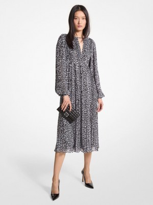 Rochie Dama Michael Kors Pleated Leopard Print Georgette Midi Dress Negrii Albi | 64HJAULKX