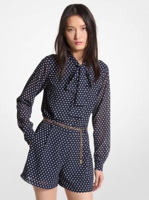 Rochie Dama Michael Kors Polka Dot Georgette Belted Tie-Neck Romper Midnightblue | 06YLJZHQD