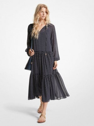 Rochie Dama Michael Kors Polka Dot Georgette Tiered Midi Dress Midnightblue | 03SHBEWDT