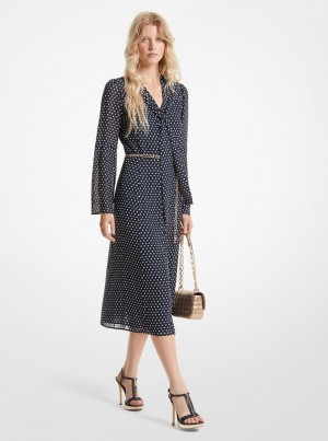 Rochie Dama Michael Kors Polka Dot Georgette Tie-Neck Midi Dress Midnightblue | 48THBSNVZ