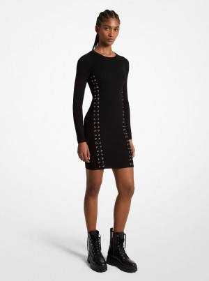 Rochie Dama Michael Kors Ribbed Stretch Knit Lace-Up Dress Negrii | 10FRYLGJP