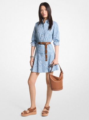 Rochie Dama Michael Kors Zebra Print Stretch Cotton Poplin Shirtdress Chambray | 70JLZUVPO