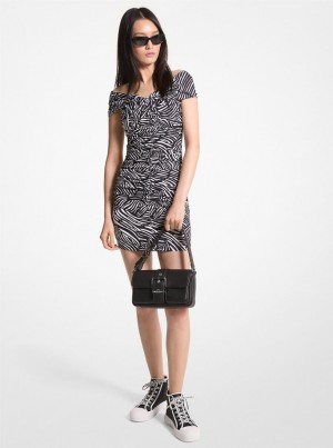 Rochie Dama Michael Kors Zebra Print Stretch Matte Jersey Off-The-Shoulder Dress Negrii Albi | 26OSLGPEH