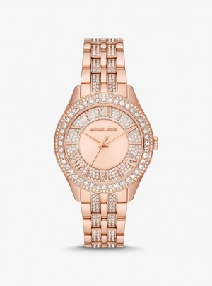 Rose Gold-tone Dama Michael Kors Harlowe Pave Rose Gold-Tone Watch Roz Aurii | 23AJBWERI